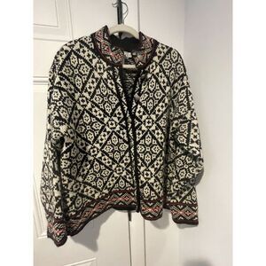 Vintage LL Bean Women's Fair Isle Nordic Chunky Buttons Cardigan L Black White